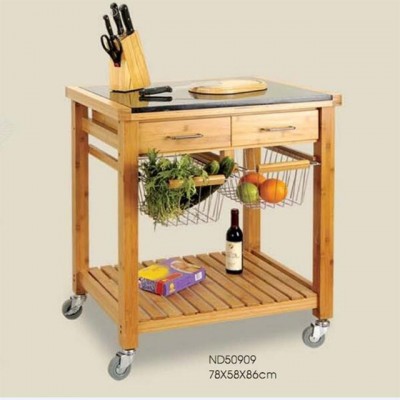 kitchen vegetable cart with wheels  Two-tiers Bamboo Kitchen Trolley With Marble Top Design